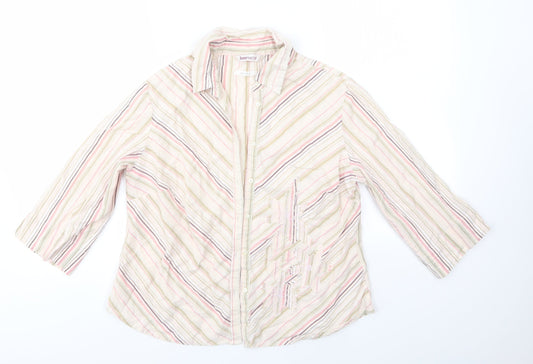 Additional front view of Bonmarché women’s multicoloured striped 100% cotton basic button-up, size UK 14, collared