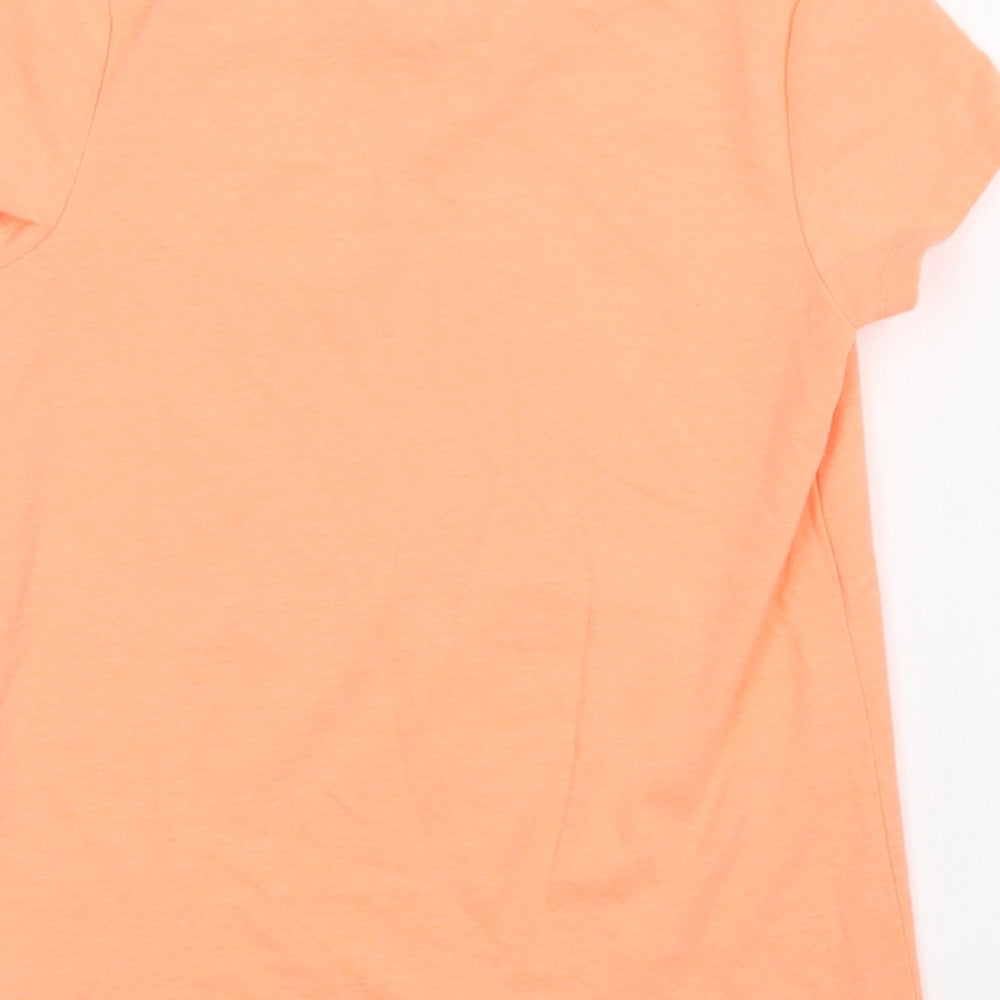 Brand and care label for George girls’ orange polyester basic polo, size 9-10, years crew neck - let's go to the beach