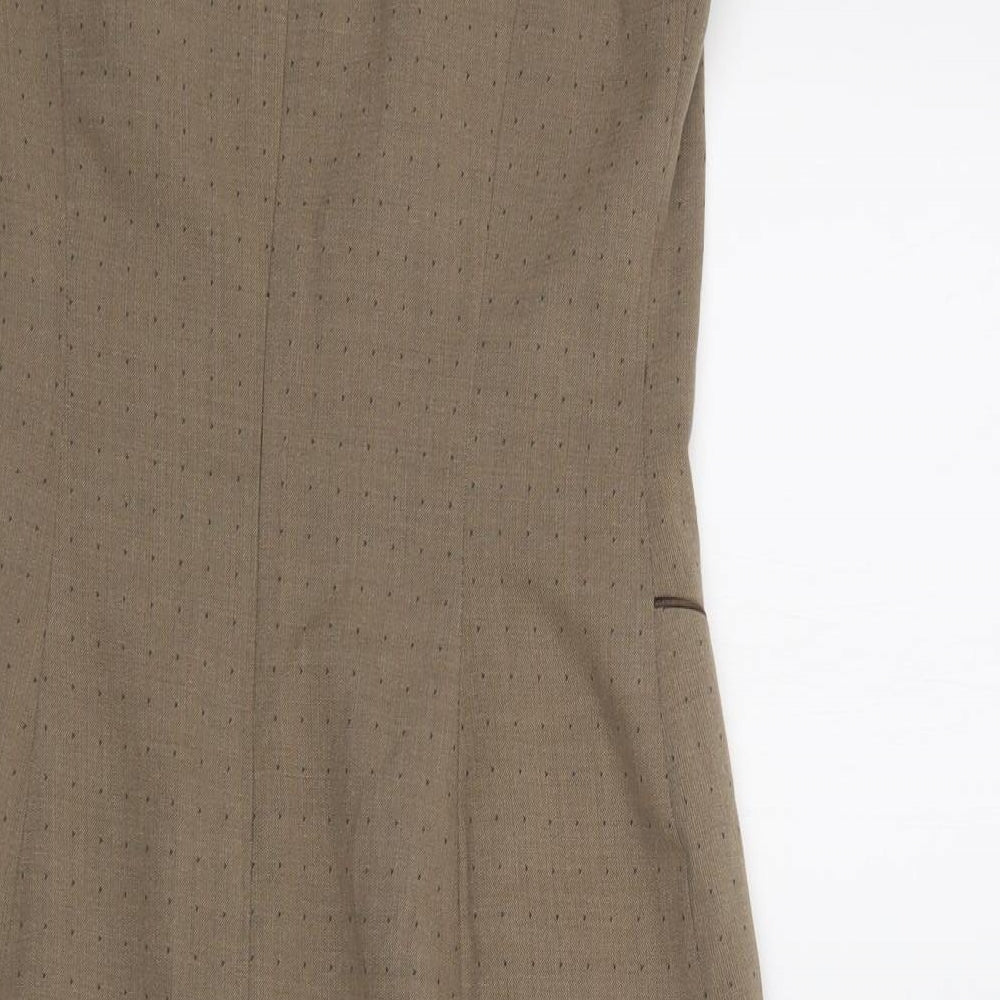 Brand and care label for Next women’s beige polka dot polyester pencil dress, size UK 10, round neck zip