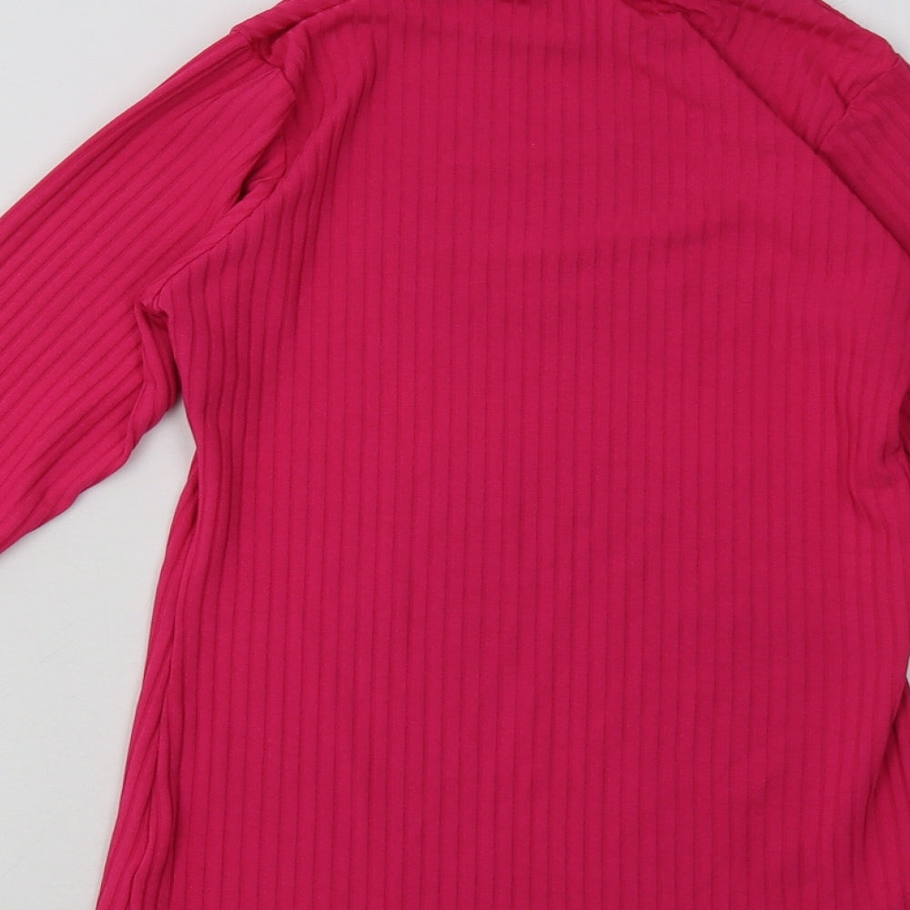 Brand and care label for PRETTYLITTLETHING women’s pink polyester pullover sweatshirt, size UK 14, pullover