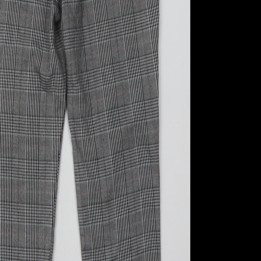 Brand and care label for F&F women’s grey check polyester trousers, size UK 6, 28-inch leg regular hook & eye