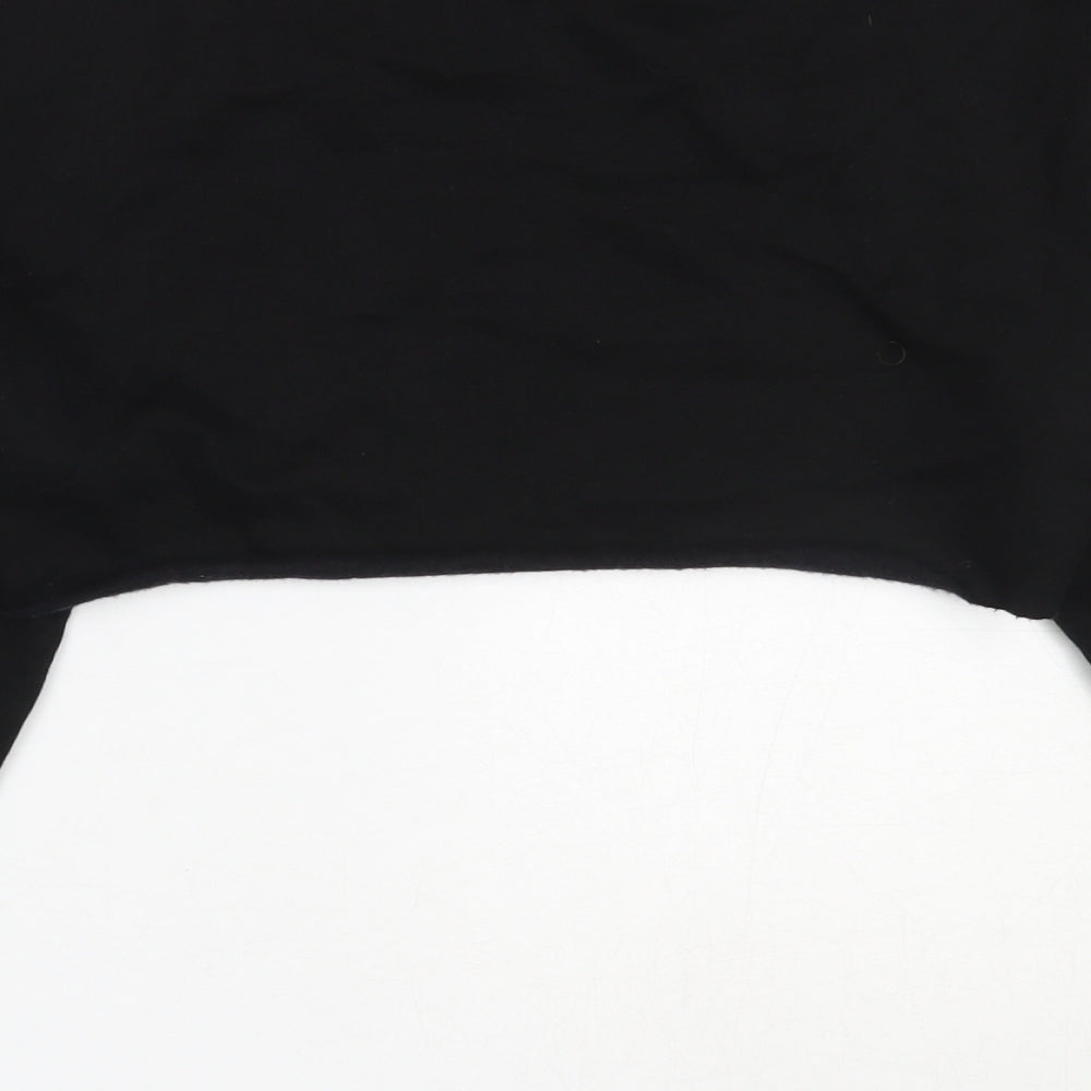 Brand and care label for H&M women’s black cotton pullover sweatshirt, size XS