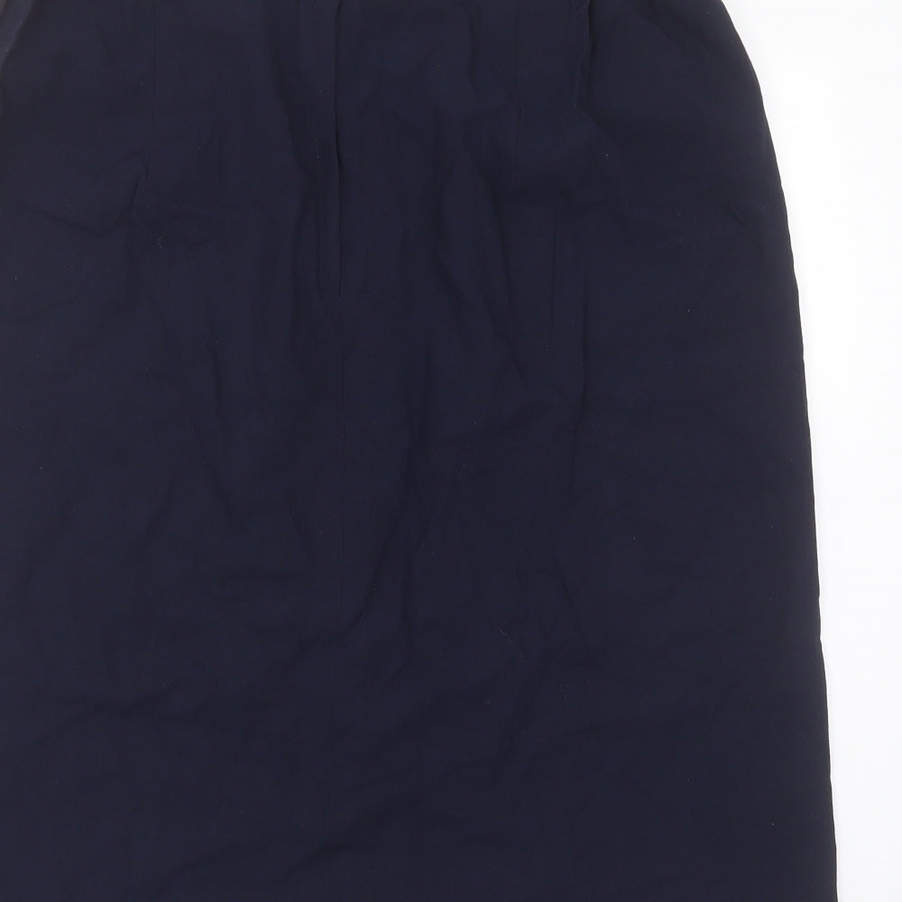 Brand and care label for Preworn women’s blue polyester straight & pencil skirt, size UK 32, in