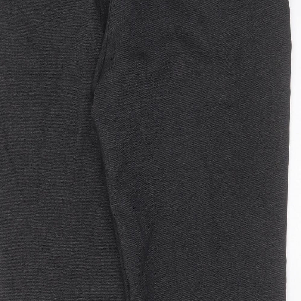 Brand and care label for F&F men’s grey polyester trousers, size 34, in, 28-inch leg regular zip
