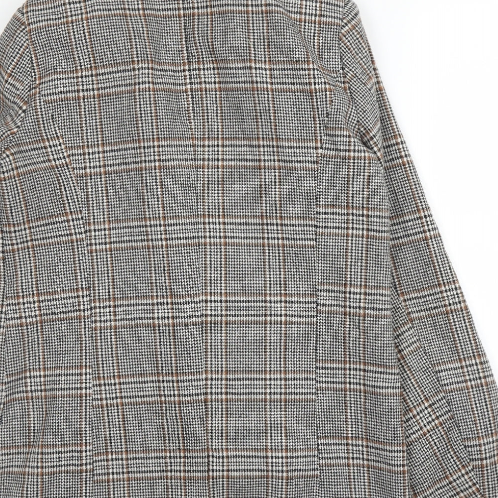 Brand and care label for Forever 21 women’s beige plaid pea coat blazer, size S, button