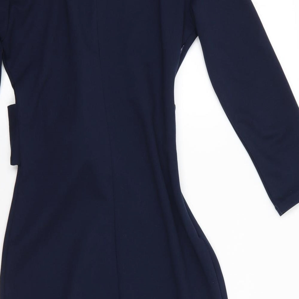 Brand and care label for SHEIN women’s blue polyester pencil dress, size S, round neck