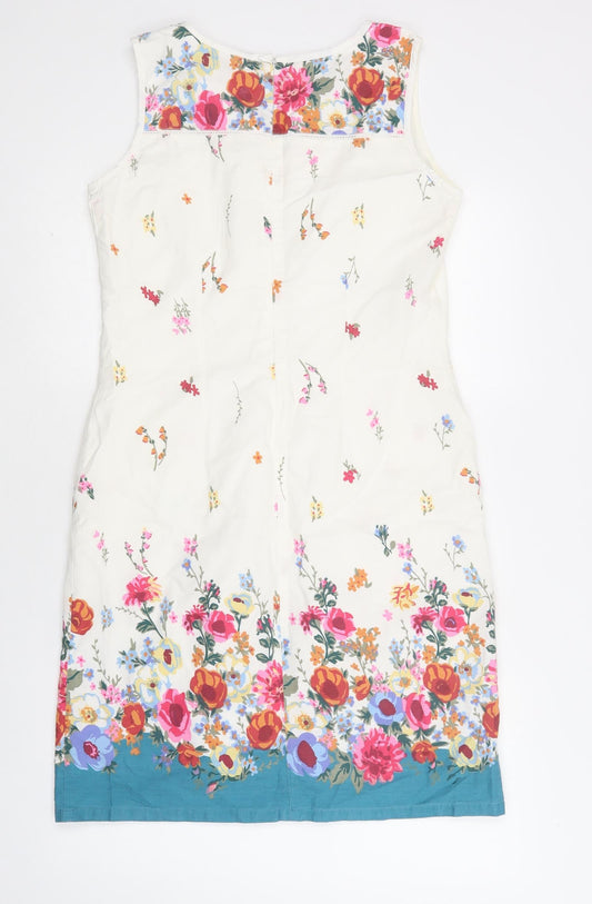 Preworn Womens White Floral Cotton Shift Size 10 Round Neck Zip