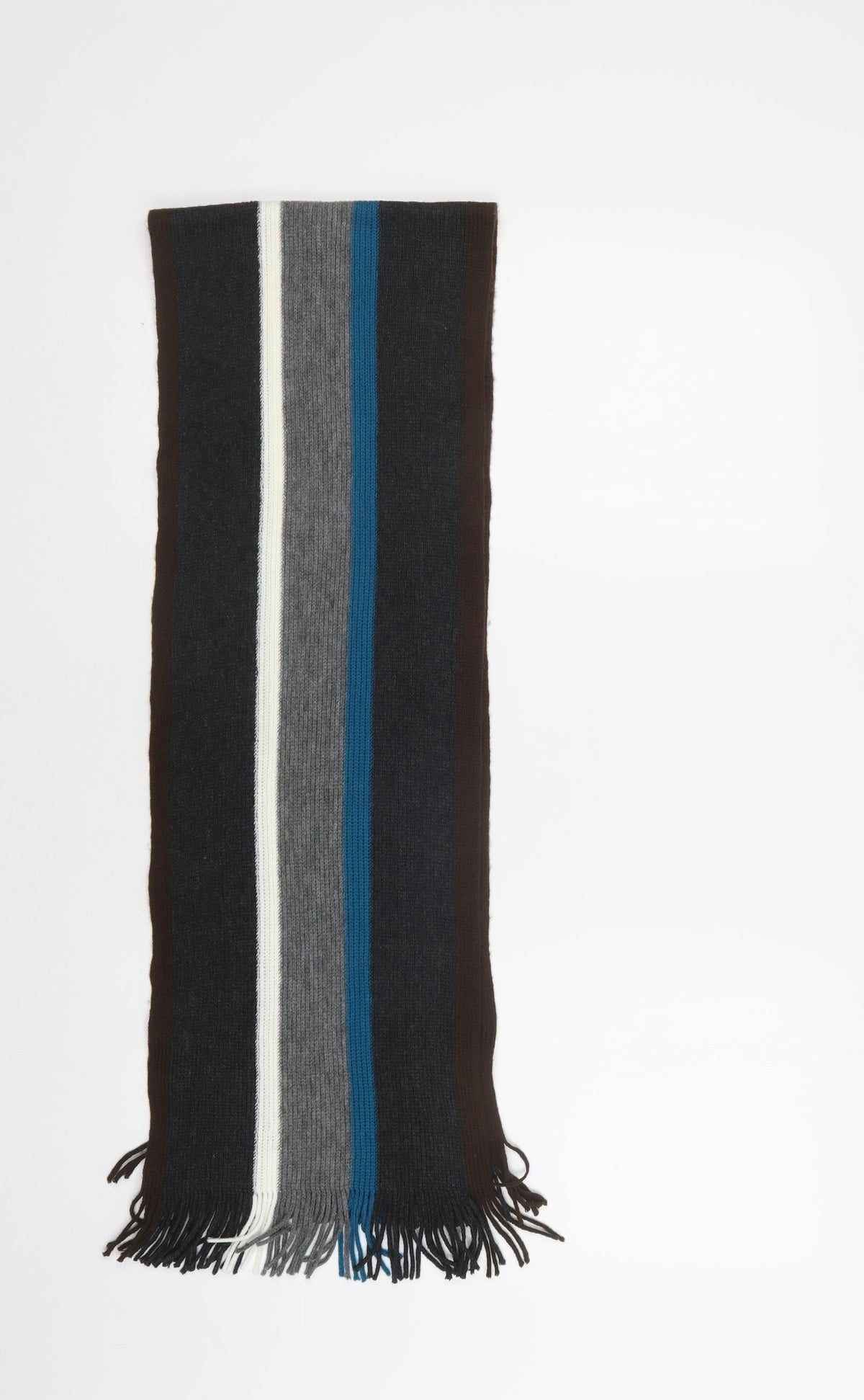 Front view of Preworn men’s grey striped acrylic scarf one size