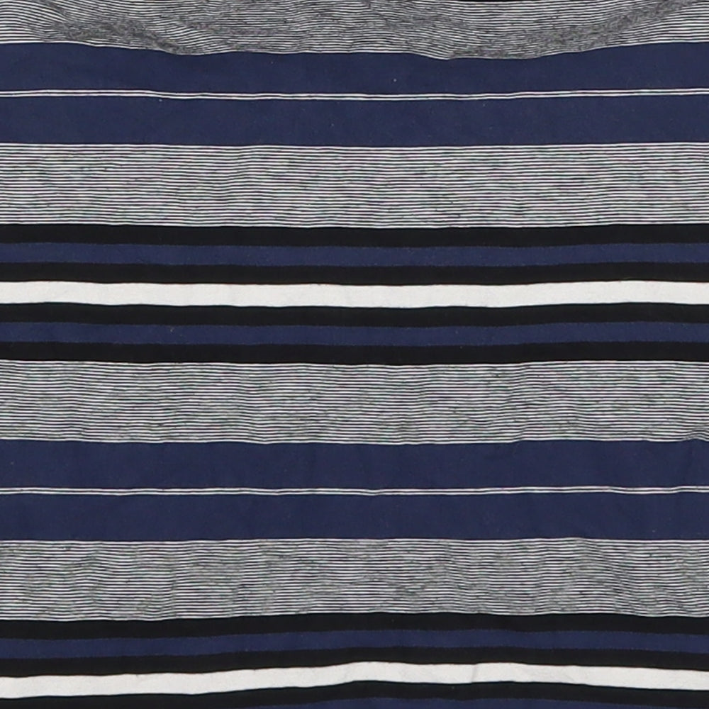 Brand and care label for Miss Selfridge women’s blue striped viscose mini skirt, size UK 6