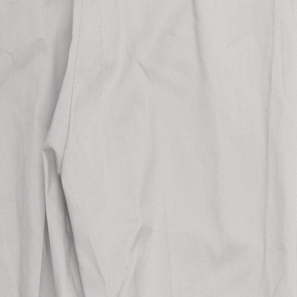 Brand and care label for ASOS men’s grey polyester trousers, size 32, 24-inch leg regular button