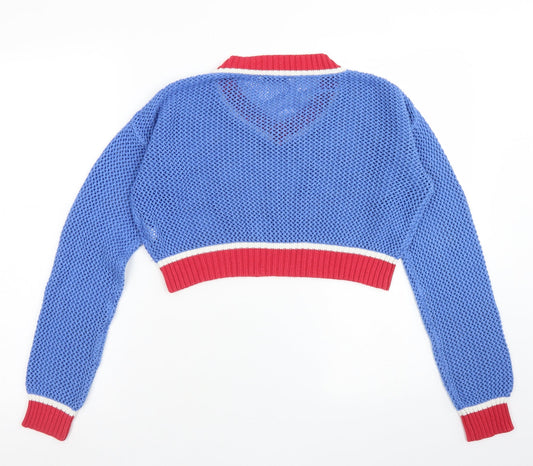 Glamorous Womens Blue V-Neck Acrylic Pullover Jumper Size S - Cropped