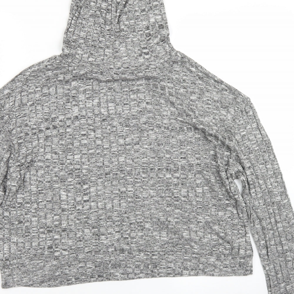 Brand and care label for Boohoo women’s grey polyester pullover hoodie, size M, - cropped
