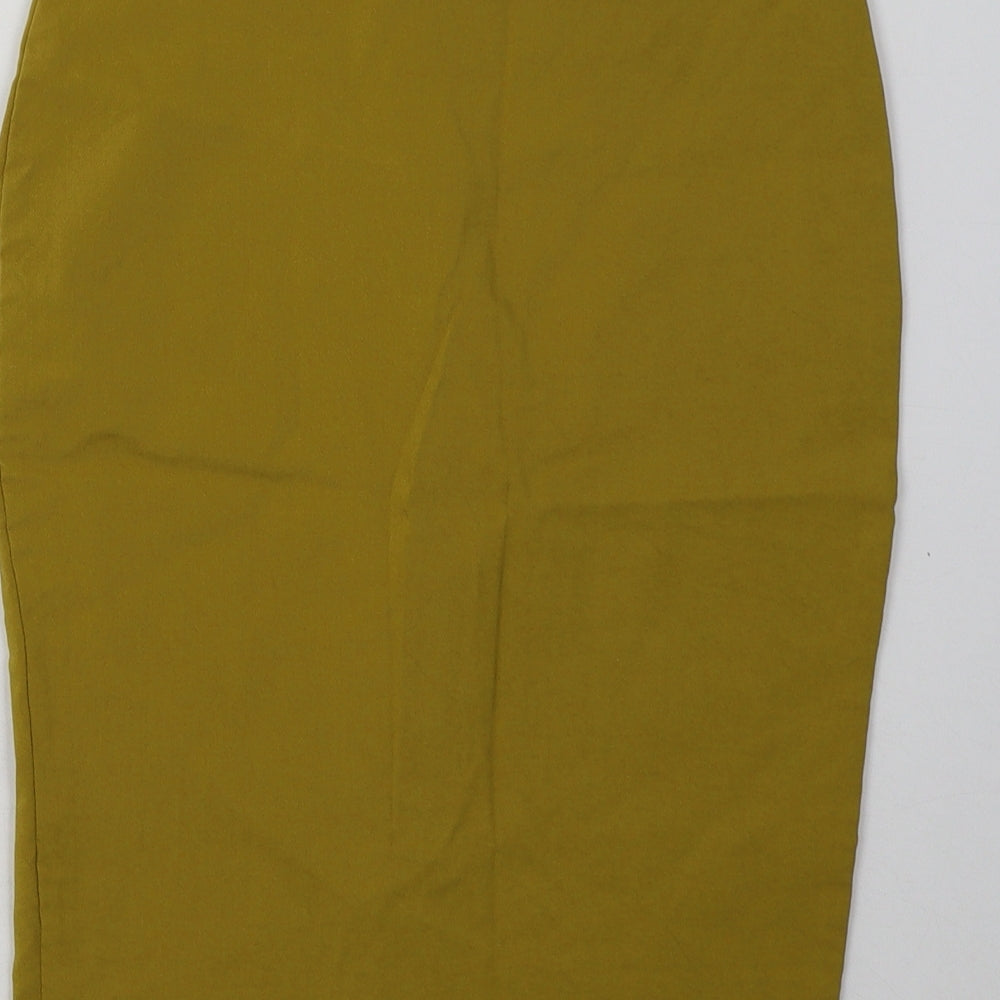 Brand and care label for Primark women’s yellow viscose a-line skirt, size UK 8, zip