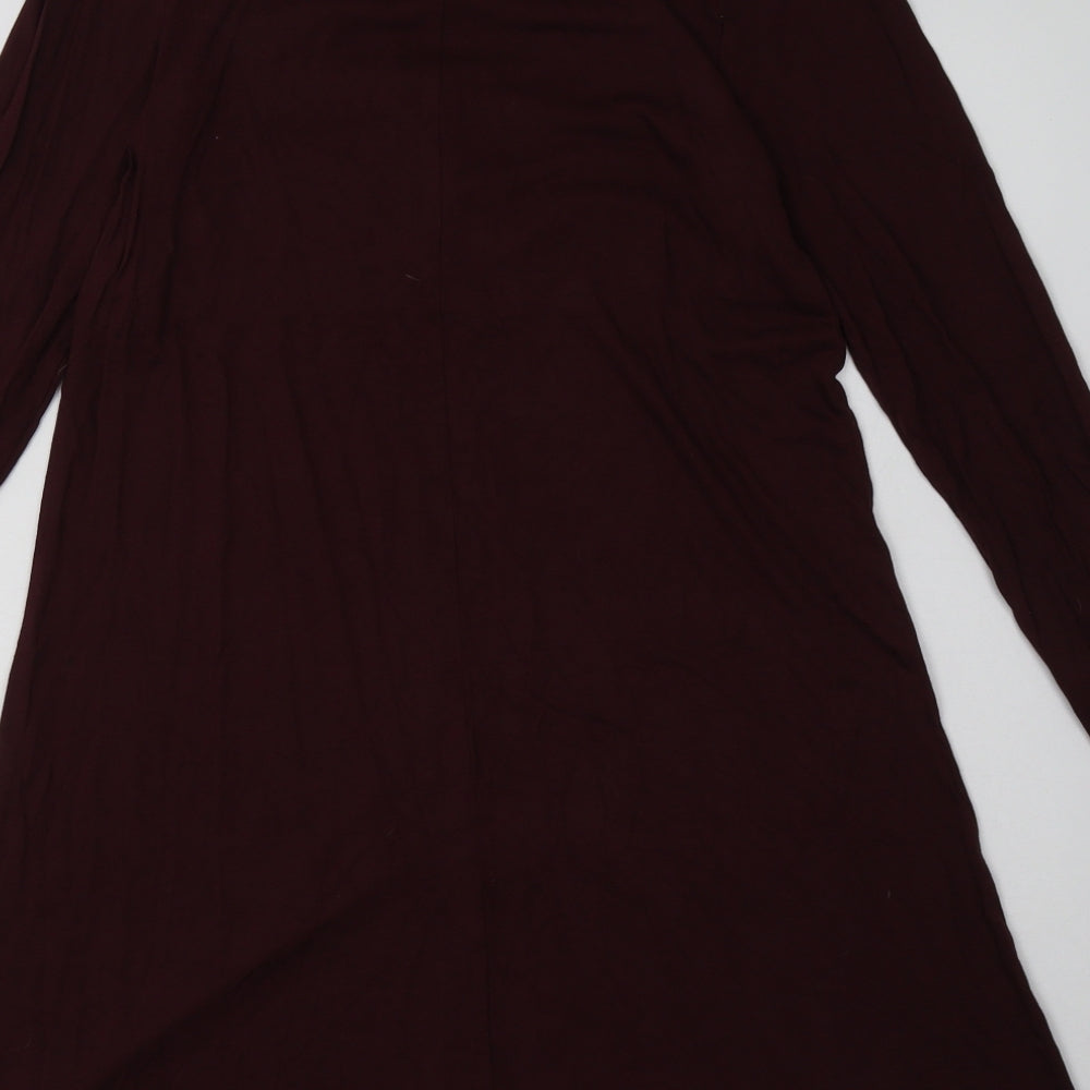 Brand and care label for H&M women’s red viscose a-line, size S, v-neck pullover