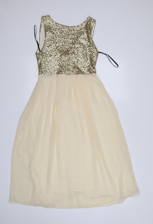 Additional front view of TFNC women’s gold polyester fit & flare, size XS, round neck