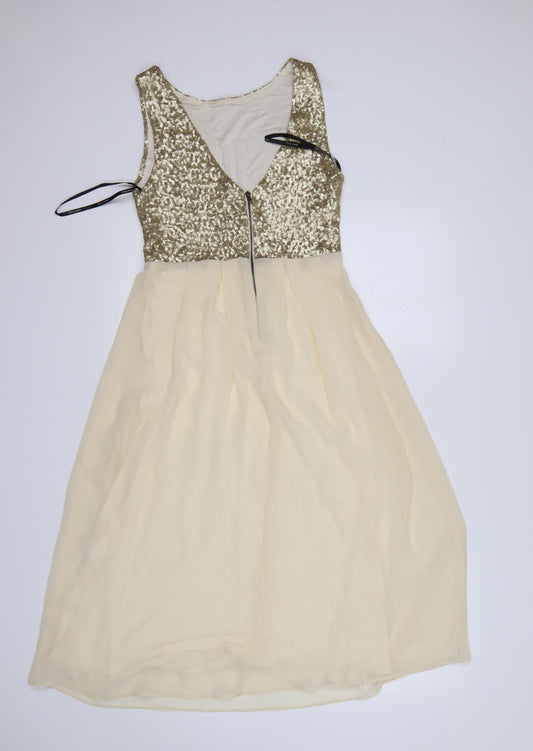 TFNC Womens Gold Polyester Fit & Flare Size XS Round Neck