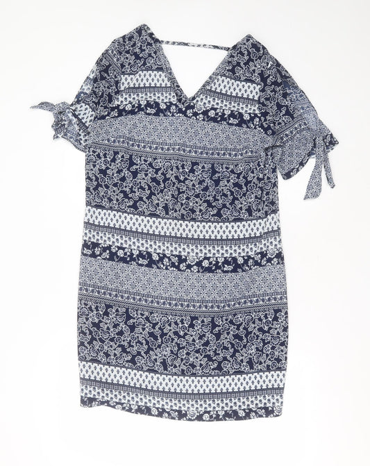 Additional front view of Peacocks women’s blue floral polyester shift, size UK 12, v-neck