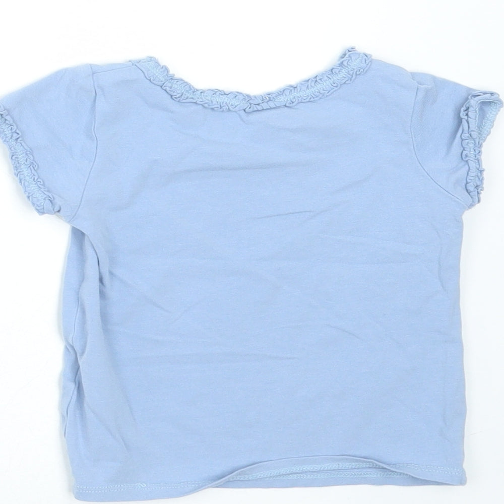Brand and care label for H&M girls’ blue cotton basic t-shirt, size 6-9, months round neck