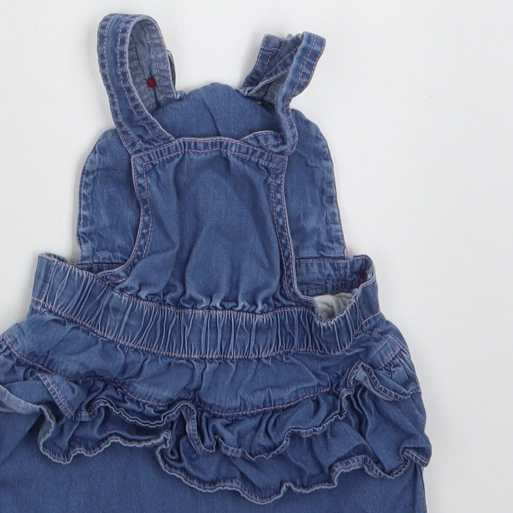 M &Co Baby Blue Cotton Pinafore/Dungaree Dress Size 9-12 Months Square Neck Button - Owl