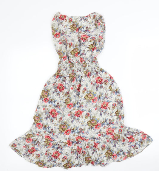 Evie Womens Beige Floral Viscose A-Line Size 8 V-Neck