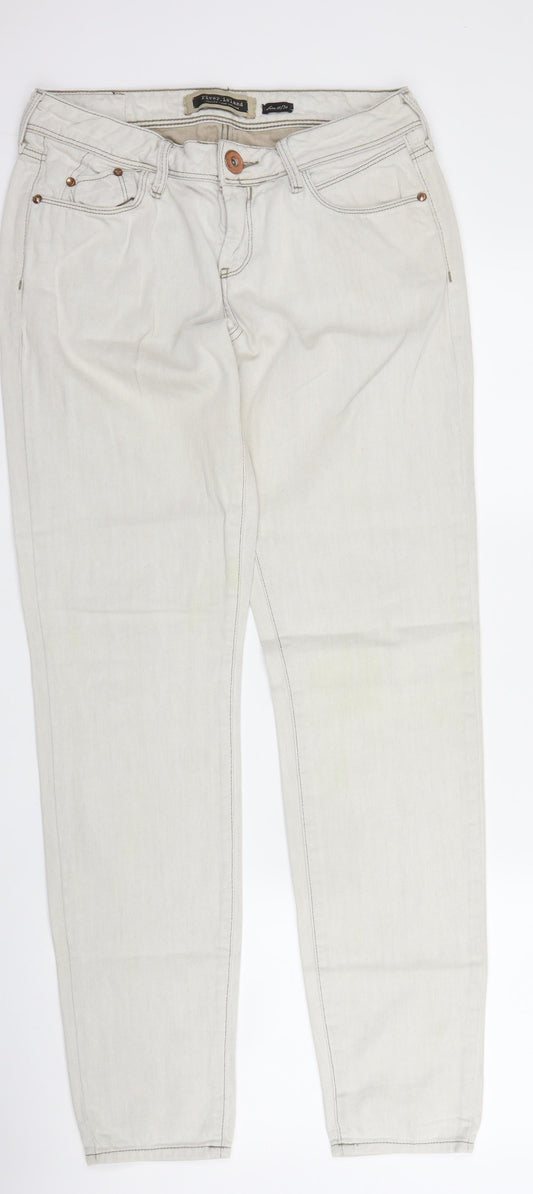 Additional front view of River Island women’s beige cotton tapered jeans, size UK 10, 30-inch leg regular zip