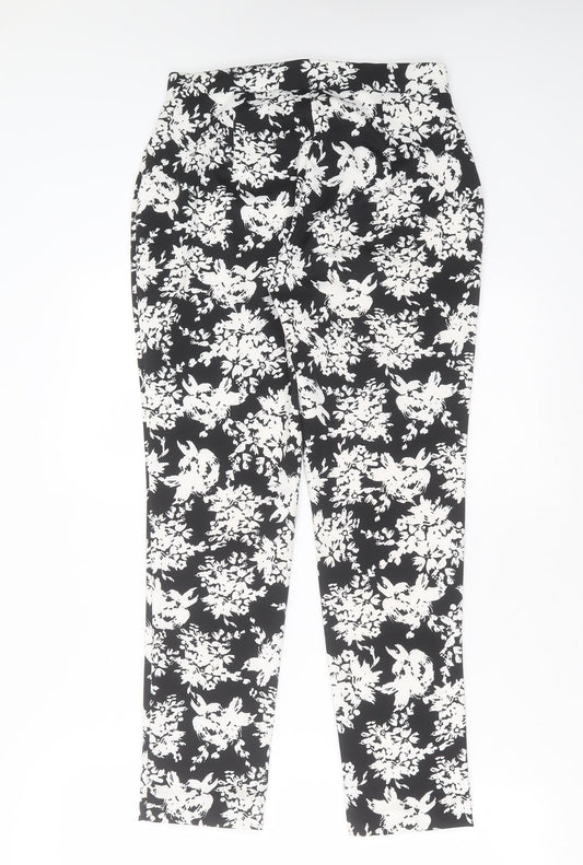 Warehouse Womens Black Floral Polyester Trousers Size 10 L27 in Slim