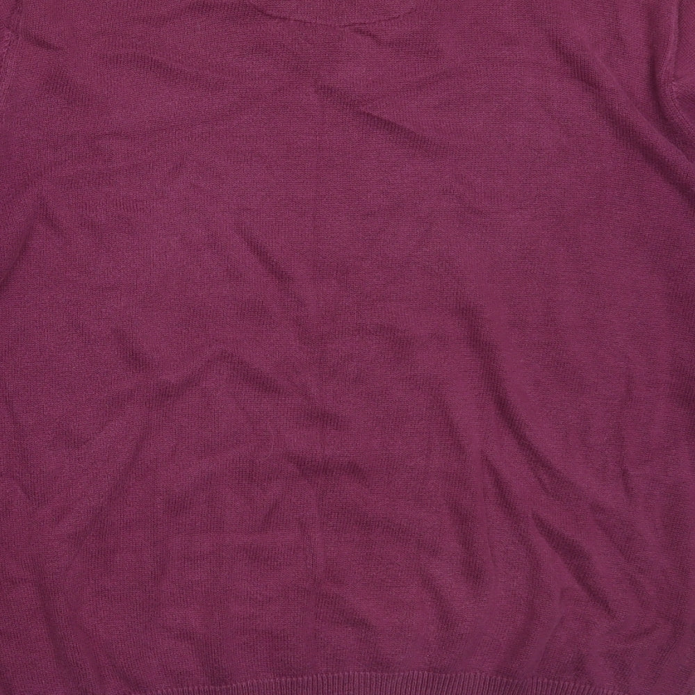 Brand and care label for Marks & Spencer men’s purple v-neck cotton jumper, size L