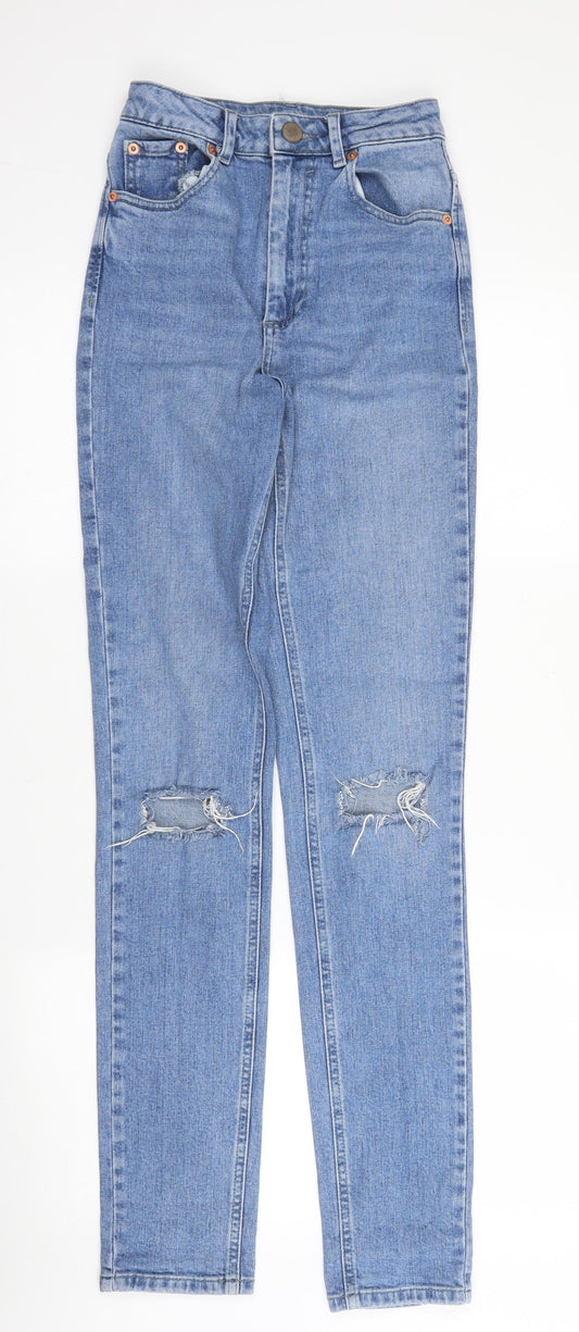 Additional front view of ASOS women’s blue cotton straight jeans, size UK 23, in, 32-inch leg regular zip