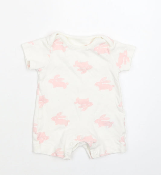 M&S Baby White Geometric Cotton Romper One-Piece Size 0-3 Months Snap - Bunny Print