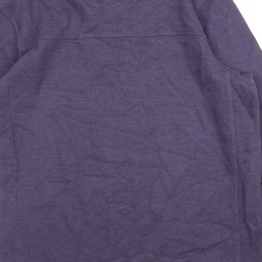 Brand and care label for Debenhams men’s purple round neck cotton jumper, size M