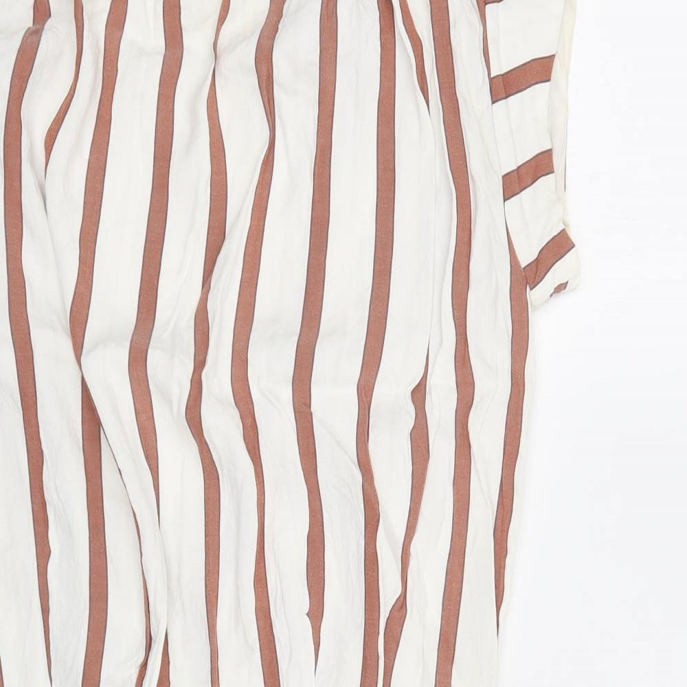 Brand and care label for Zara women’s white striped viscose bodycon, size S, v-neck