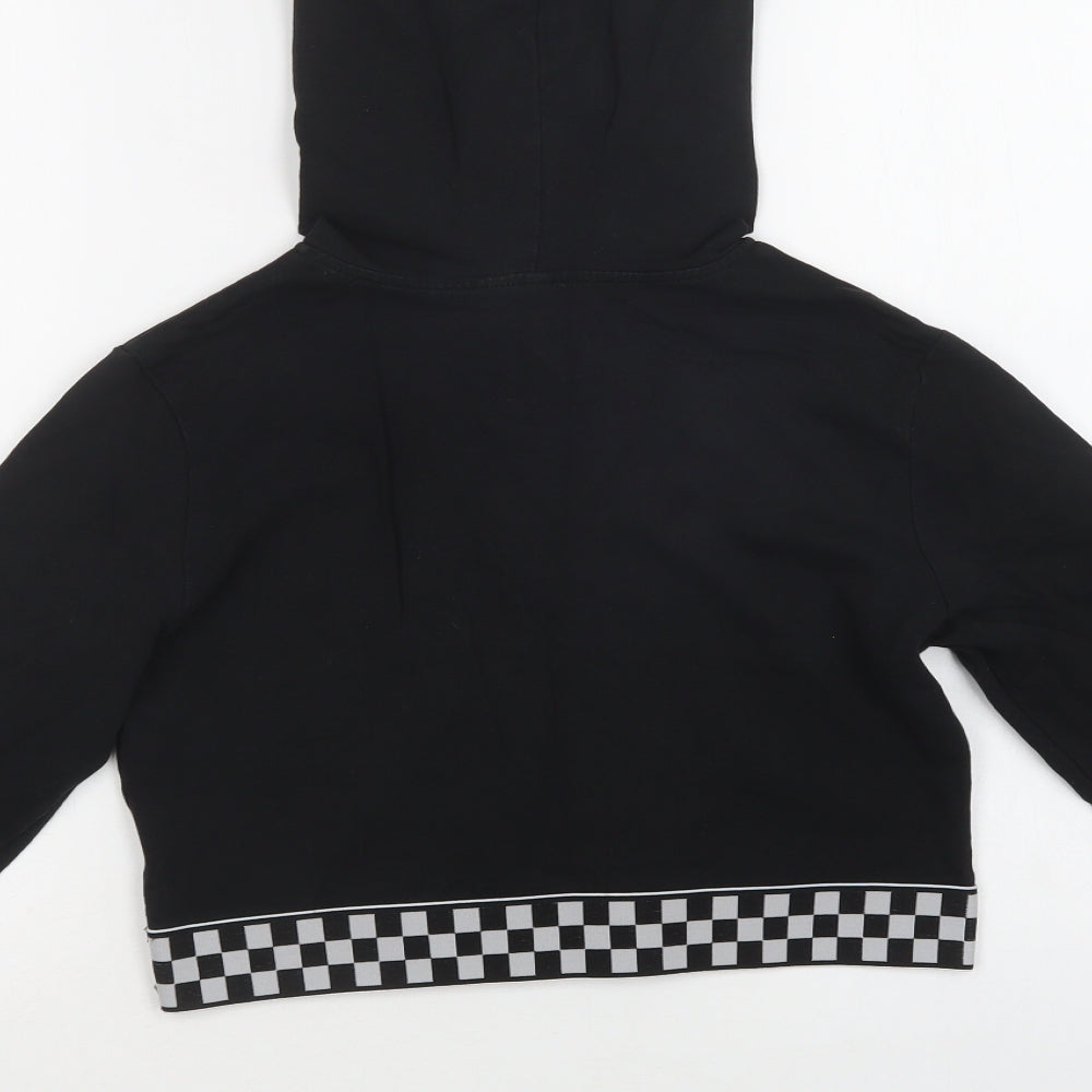 Brand and care label for H&M women’s black check cotton pullover hoodie, size M