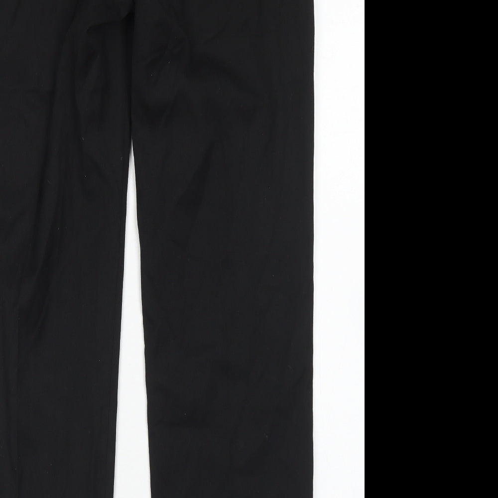 Brand and care label for F&F men’s black polyester dress pants trousers, size 30, in, 31-inch leg regular hook & eye