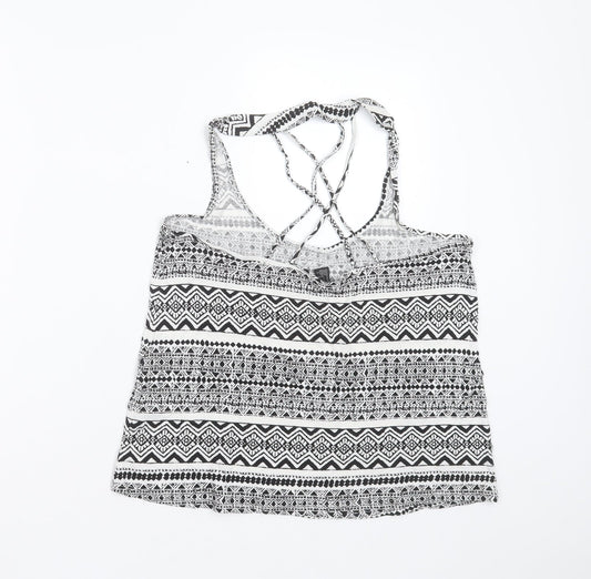 FOREVER 21 Womens Black Geometric Viscose Basic Blouse Size L Round Neck