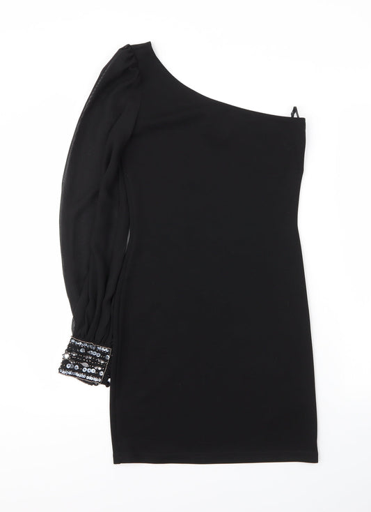 Additional front view of Jane Norman women’s black cotton sheath, size UK 6, off the shoulder