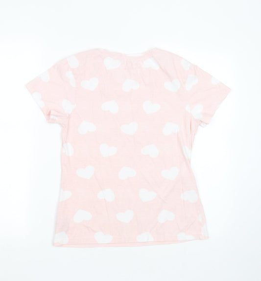 Primark Womens Pink Cotton Basic T-Shirt Size 6 Round Neck - Heart pattern