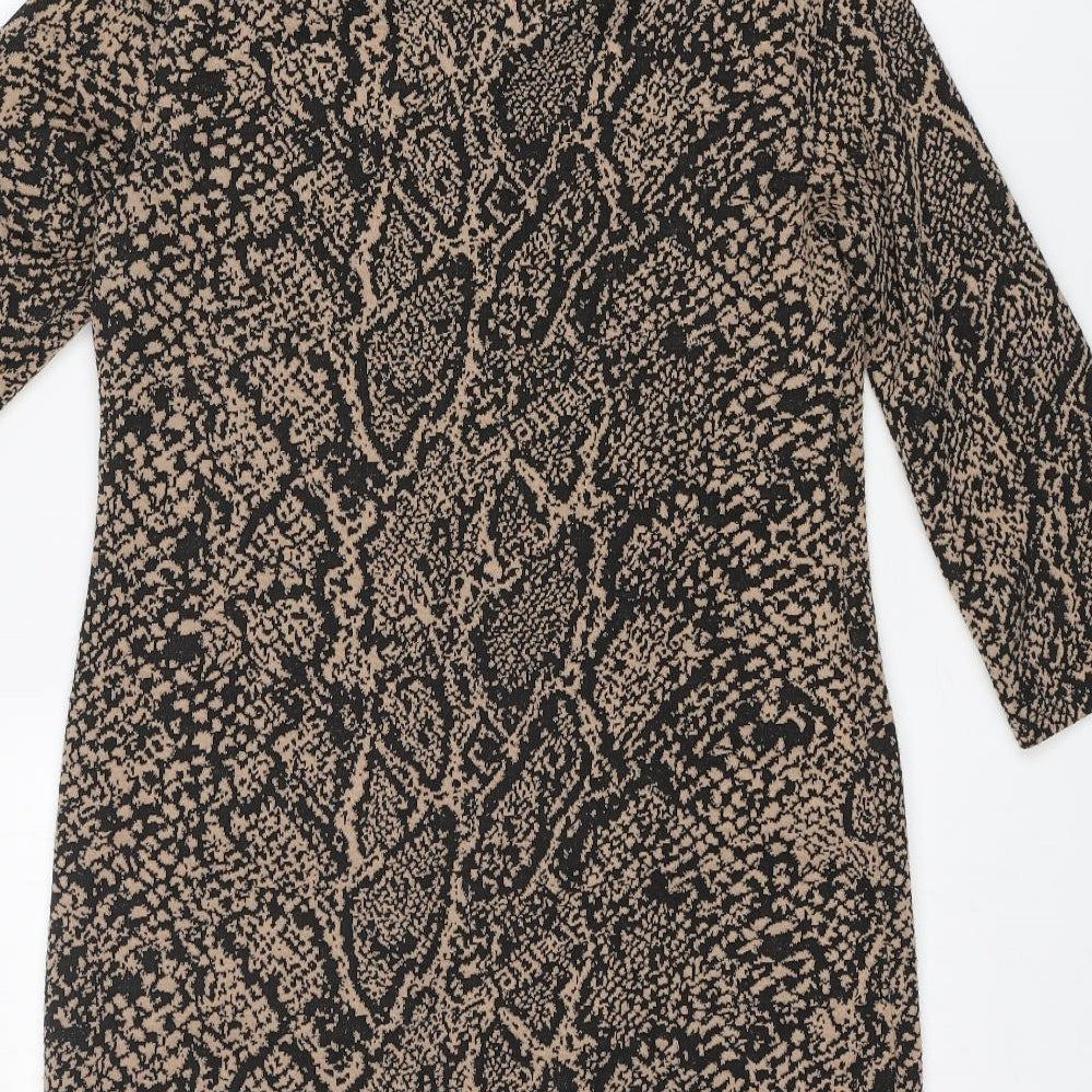 Brand and care label for Dorothy Perkins women’s multicoloured animal print polyester a-line, size UK 12, boat neck