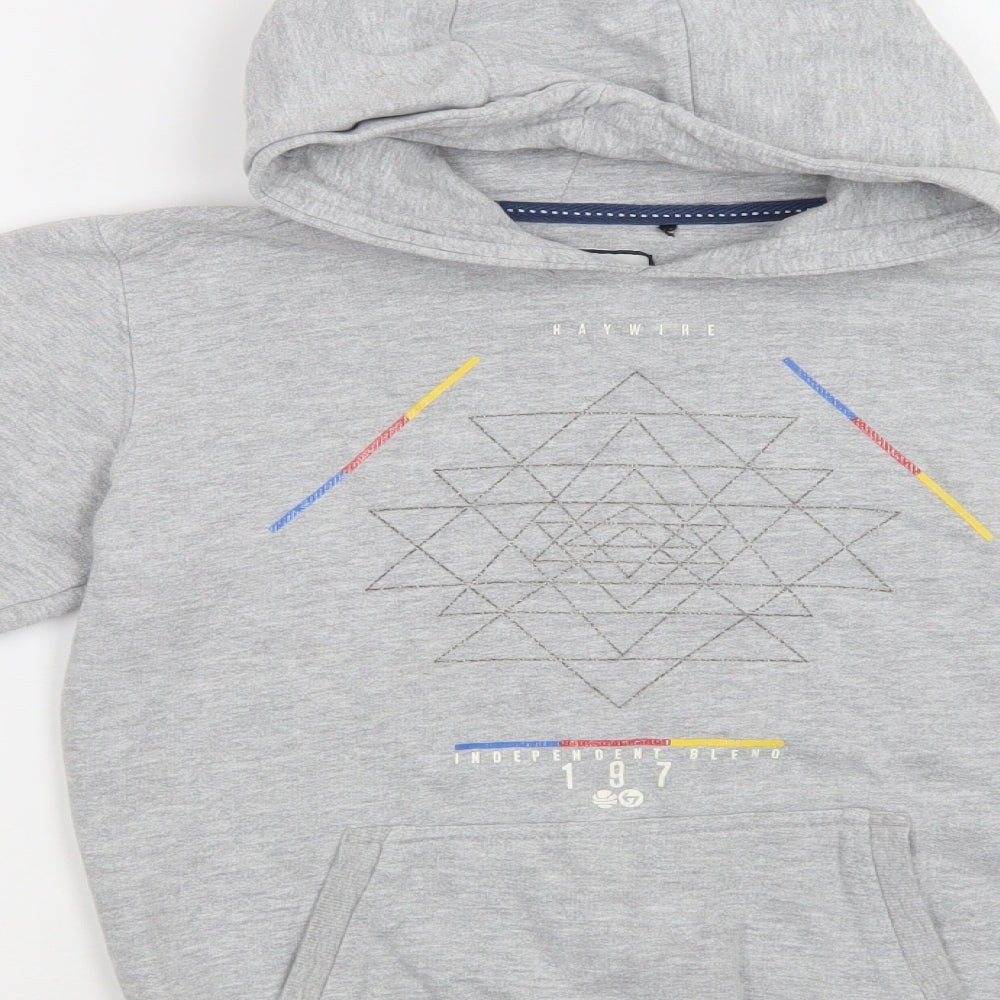 Brand and care label for Haywire women’s grey cotton pullover hoodie, size M