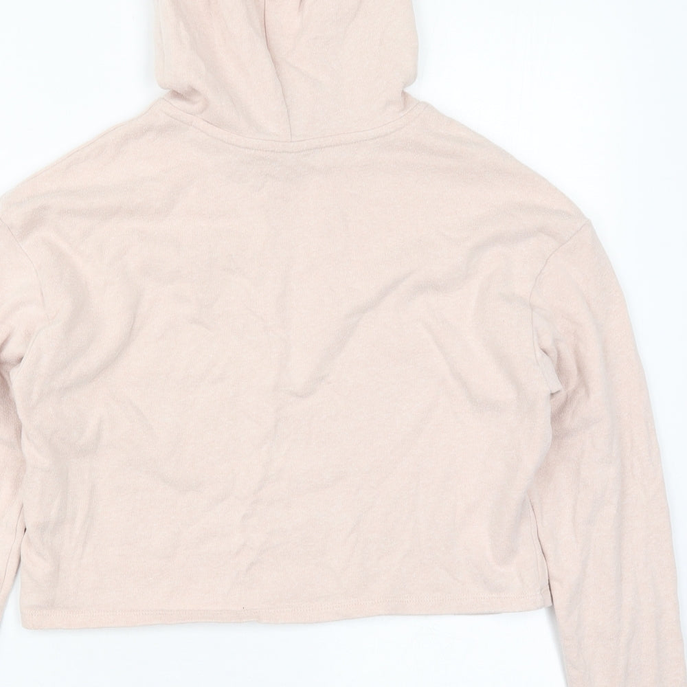 Brand and care label for H&M women’s pink cotton pullover hoodie, size XS, pullover