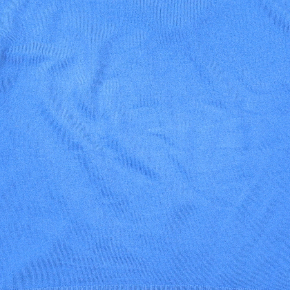 Brand and care label for Marks & Spencer men’s blue v-neck acrylic jumper, size M