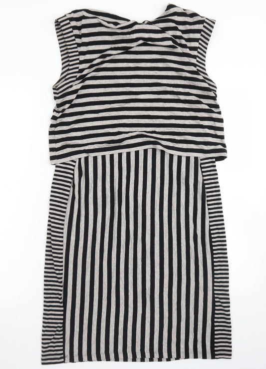 M&S Womens Grey Striped Viscose Skater Dress Size 12 Crew Neck