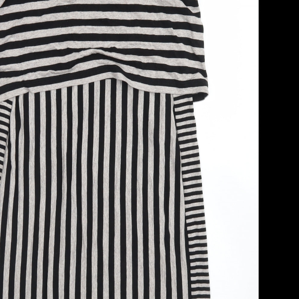 Brand and care label for Marks & Spencer women’s grey striped viscose skater dress, size UK 12, crew neck