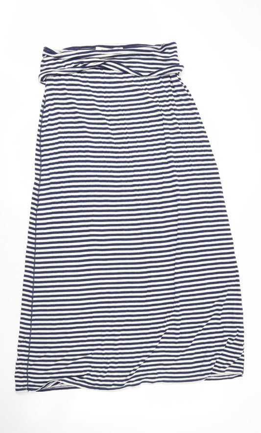 Additional front view of Max Studio women’s blue striped elastane maxi, size M, off the shoulder