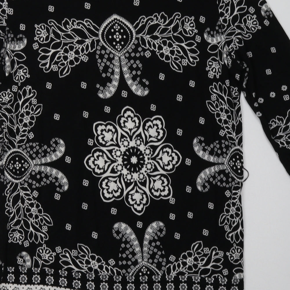Brand and care label for Next women’s black geometric viscose a-line, size UK 12, boat neck pullover