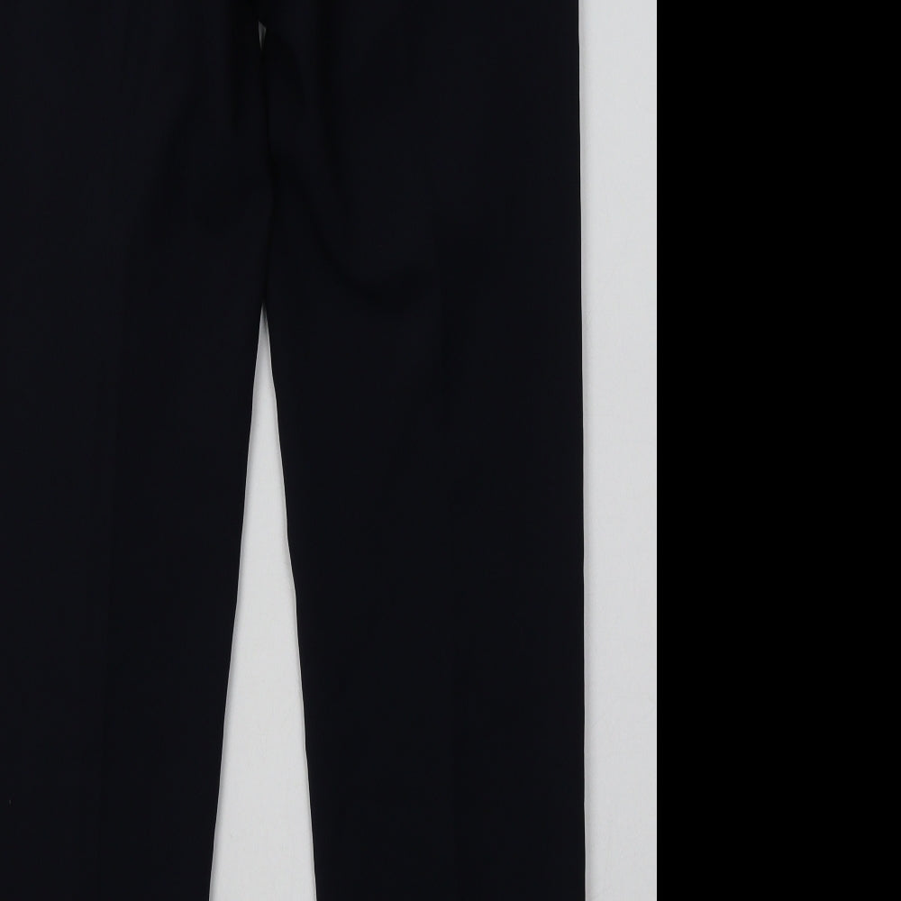 Brand and care label for Marks & Spencer men’s blue polyester capri trousers, size 28, 31-inch leg regular button