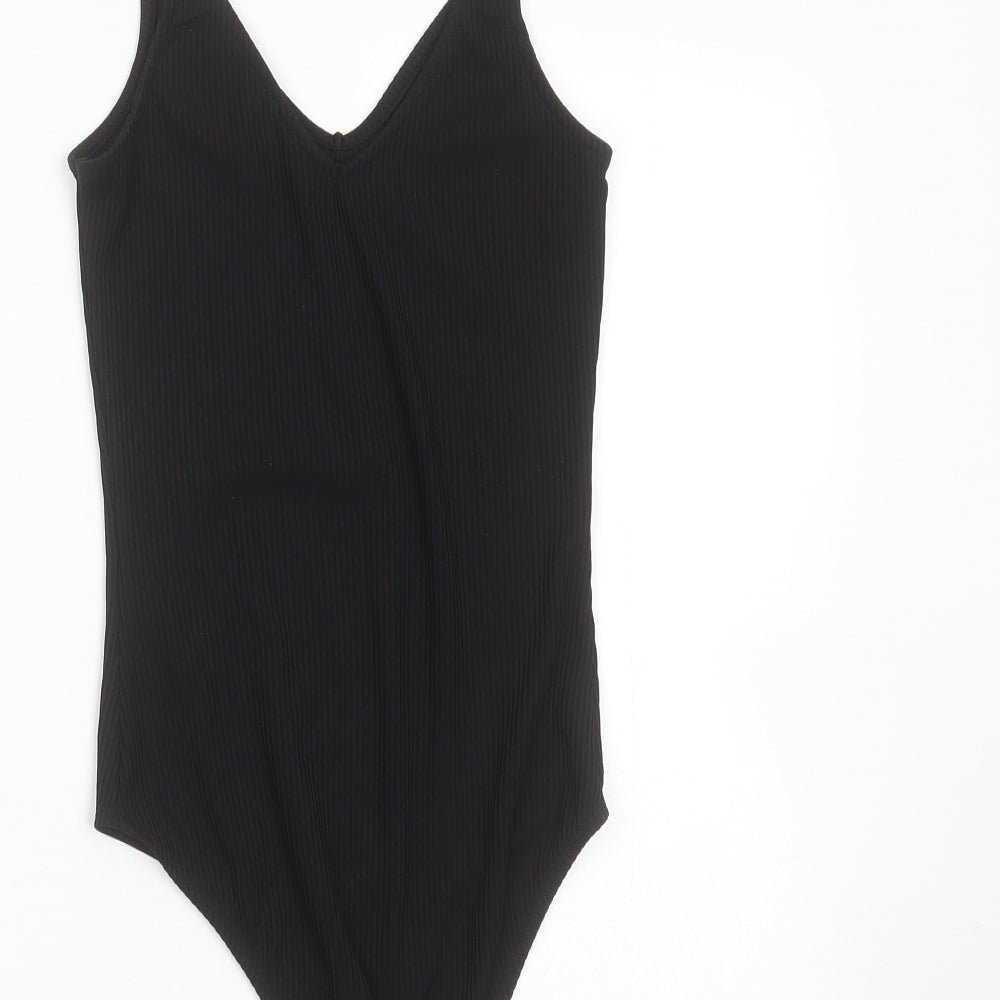Brand and care label for River Island women’s black striped polyester bodysuit one-piece, size UK 6