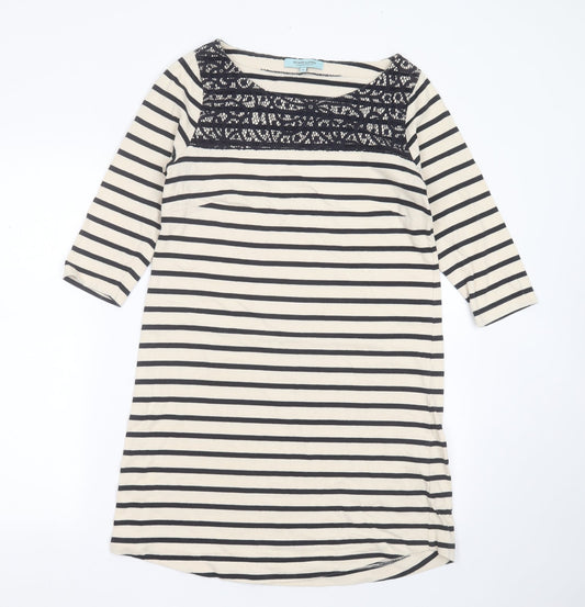 Additional front view of Dickins & Jones women’s beige striped cotton t-shirt dress, size UK 10, round neck - lace detail