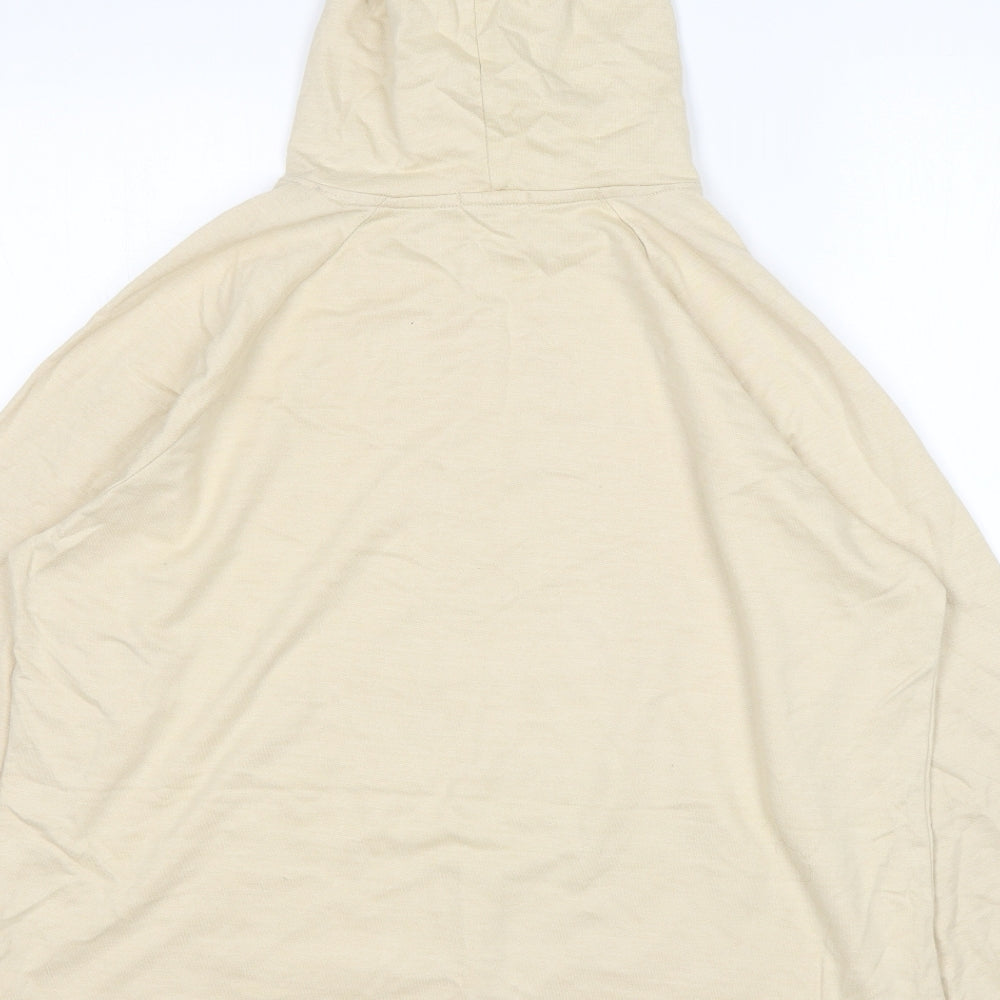 Brand and care label for Boohoo women’s beige polyester pullover hoodie, size S
