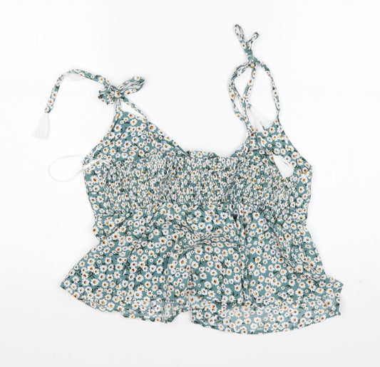 Shein Womens Green Floral Polyester Basic Blouse Size L V-Neck