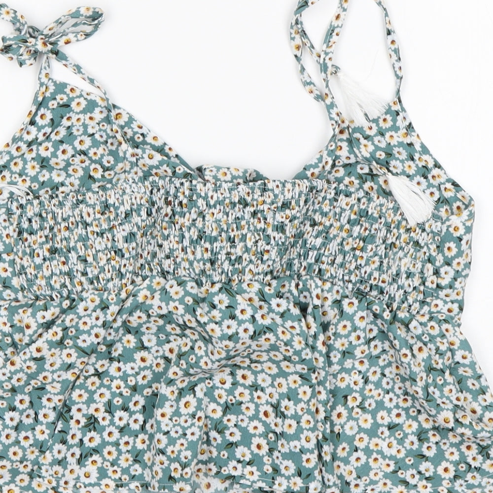 Shein Womens Green Floral Polyester Basic Blouse Size L V-Neck